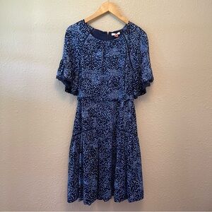 Halston Cobalt Blue Dots Eyelet Trim Bell Sleeves Knee Length Ruffle Skirt Dress